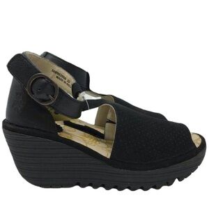 FLY London Perforated Leather Ankle Strap Wedges Sandals Black Size 38 (7.5-8)